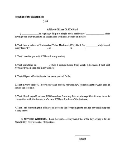 Affidavit of Loss of ATM Card .